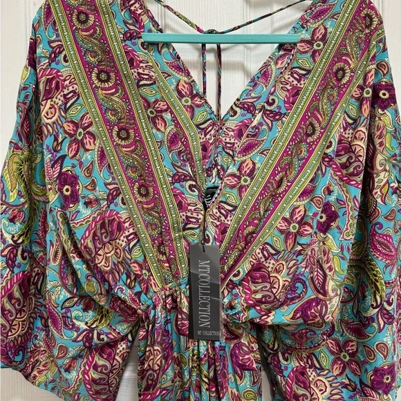 Boho Maxi Dress Long Floral Gown Deep V Front & Back with Tassel made in India - Picture 5 of 17